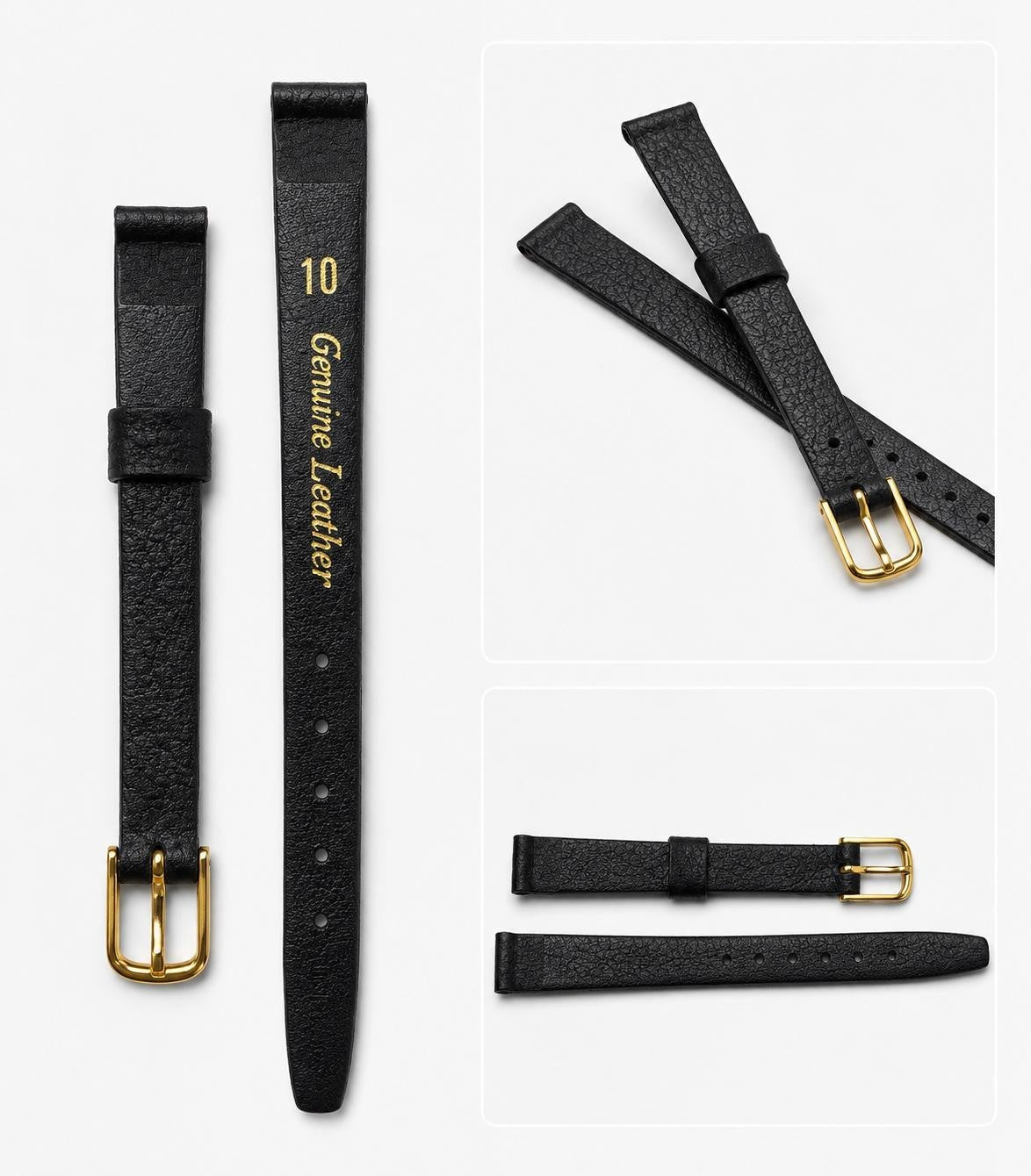 10mm - Black Genuine Leather Watch Band - ( Gold Buckle )