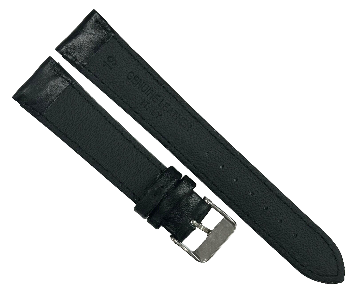 Watch Band Plain Black w/Blue Stitches Genuine Leather Padded 19mm