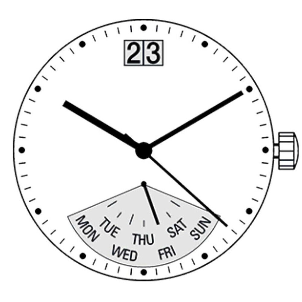Ronda Quartz Watch Movement 7003L, 3Hand Big Date at 12 Retro at 6