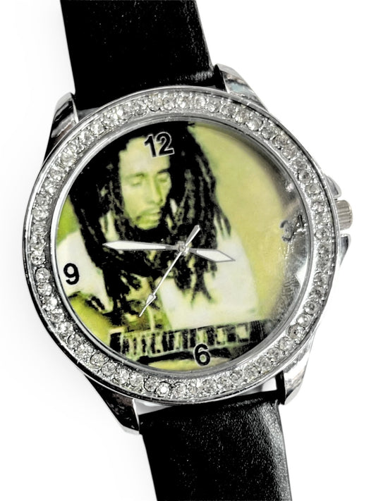 Rhinestones Dial Watch Men Silver Tone Black Genuine Leather Band watch