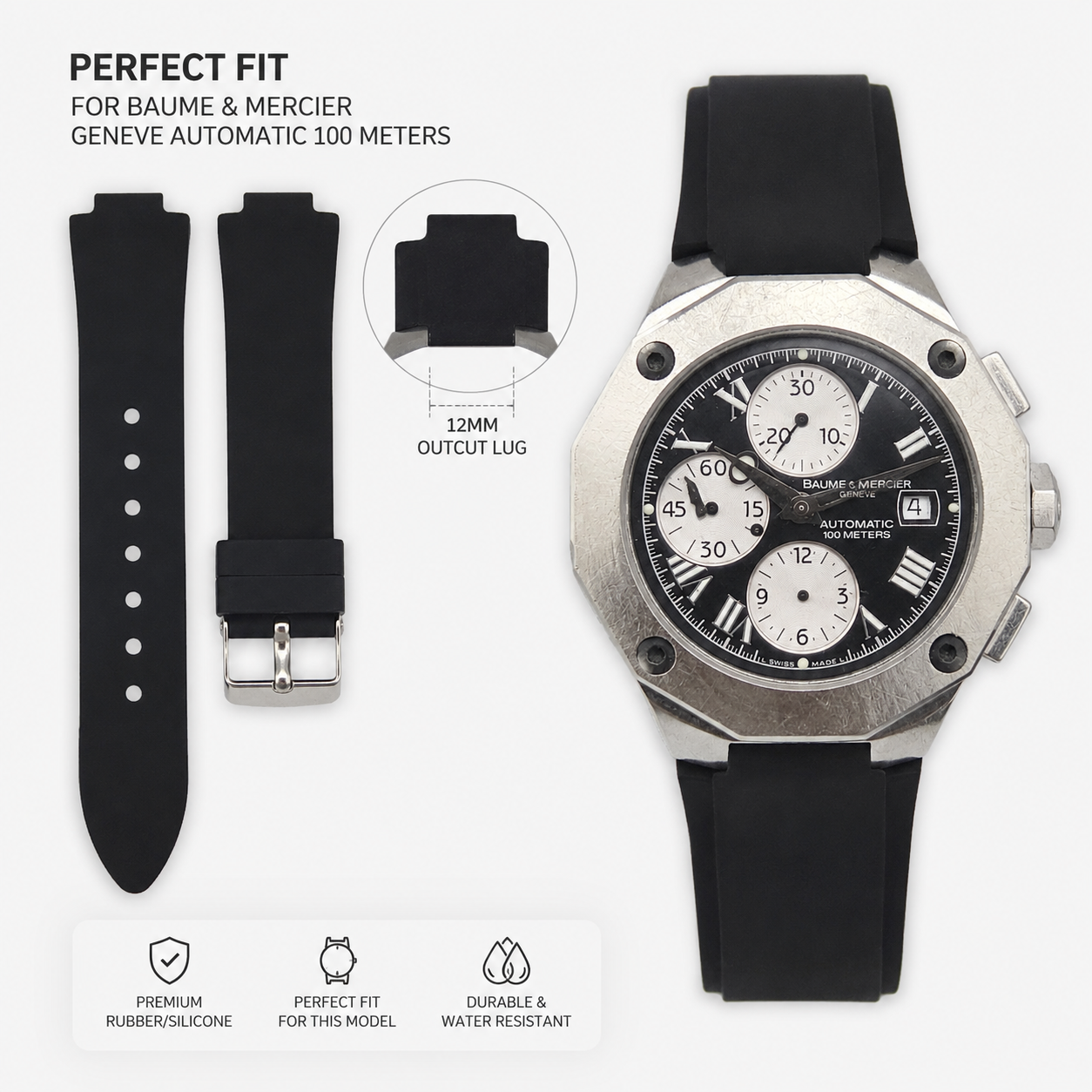 Premium Rubber/Silicone Outcut Watch Band Strap for Baume & Mercier 24mm