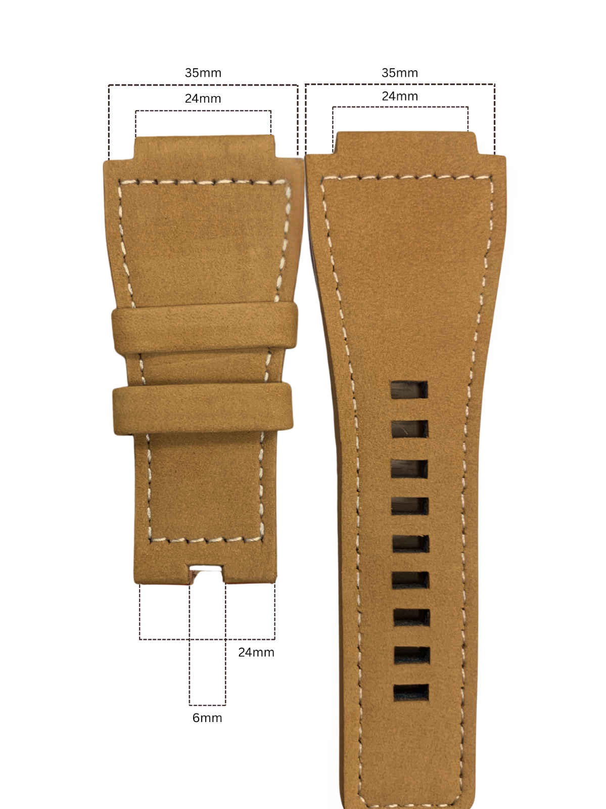 35mm Bell & Ross Style Velvet Leather Watch Strap – Tan with White Stitching