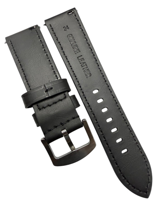 Genuine Leather Black Flat Stitched Watch Band Quick Release Strap 18/20/22/24MM