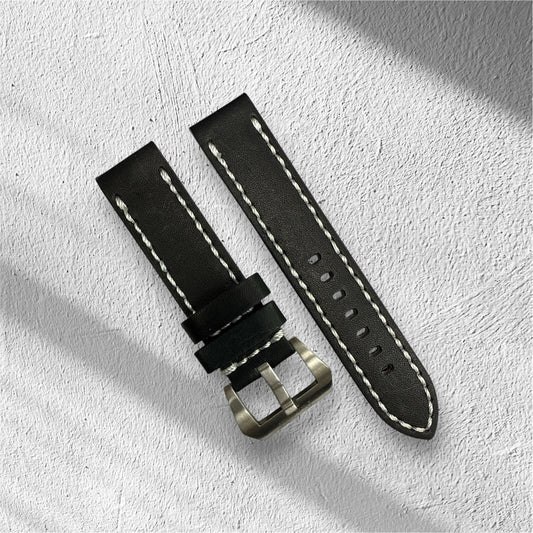 Watch Band Leather Strap Black fits PANERAI 22mm,24mm,26mm Flat (High Quality)
