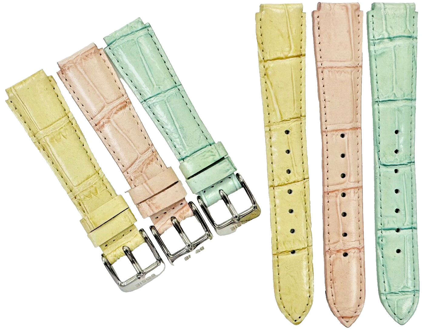 Lot of 6 Beige Genuine Leather Watch Bands 15mm Alligator Grain Padded, Stitched
