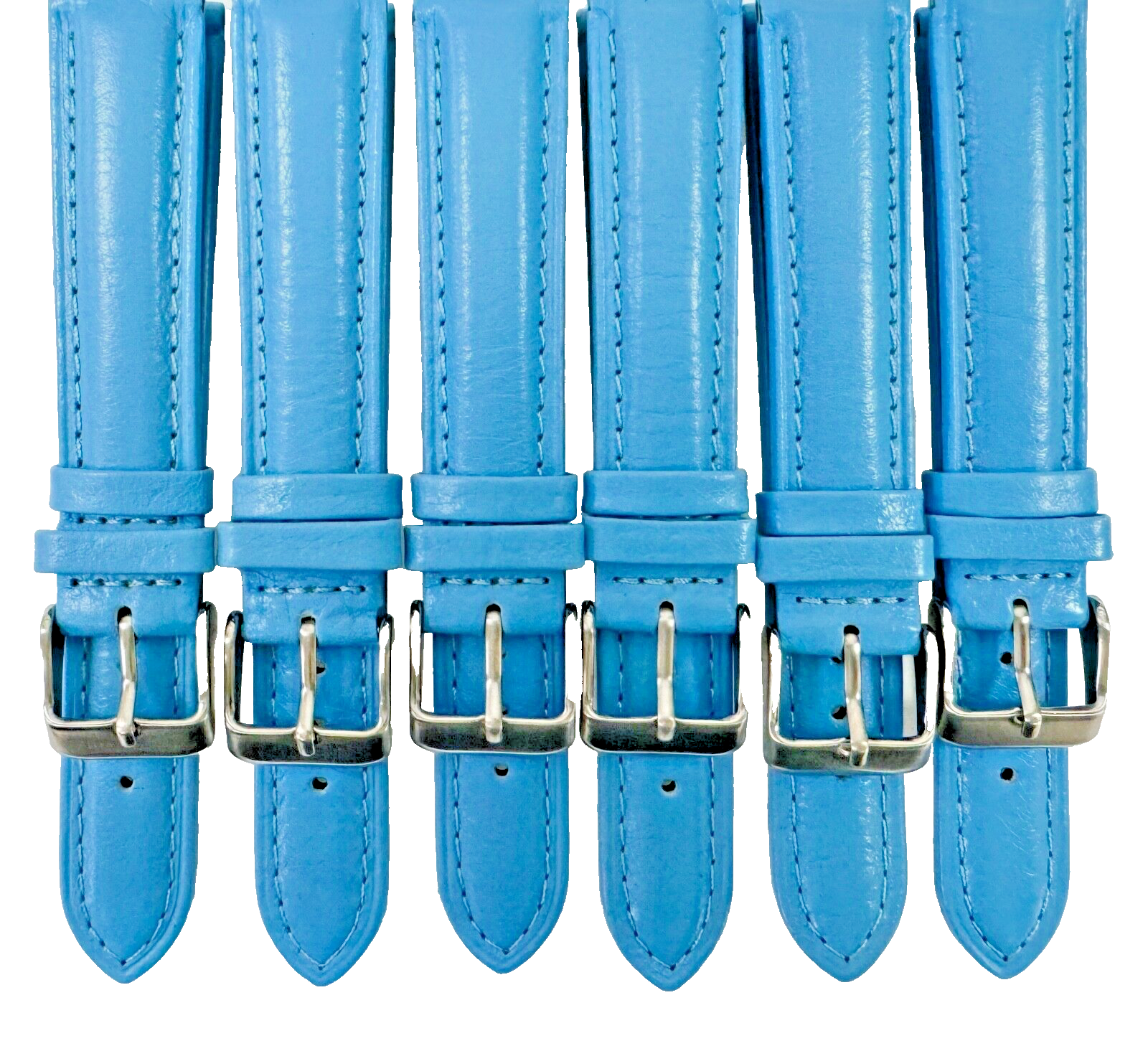 18mm, Lot of 6 Watch Bands Plain L.Blue Stitches Genuine Leather Padded