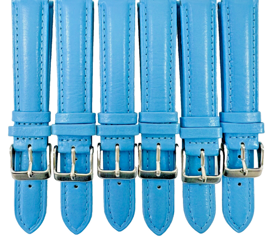 18mm, Lot of 6 Watch Bands Plain L.Blue Stitches Genuine Leather Padded