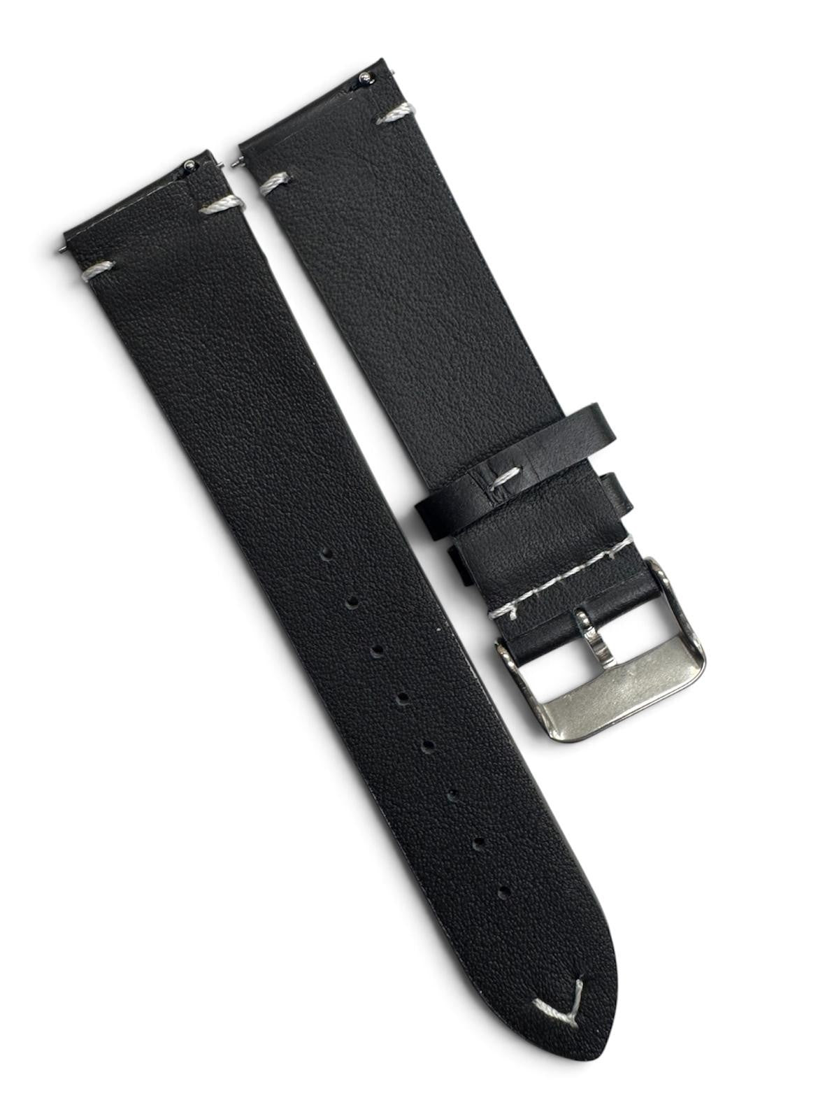 STITCHED GENUINE LEATHER UNIVERSAL WATCH BAND 24mm BLACK COLOR