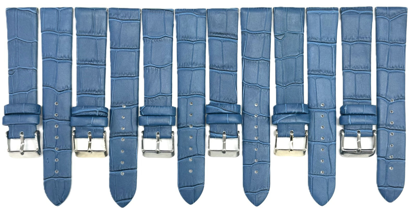 20 MM Genuine Leather, Blue Alligator Grain, Flat Watch Band with Unstitched