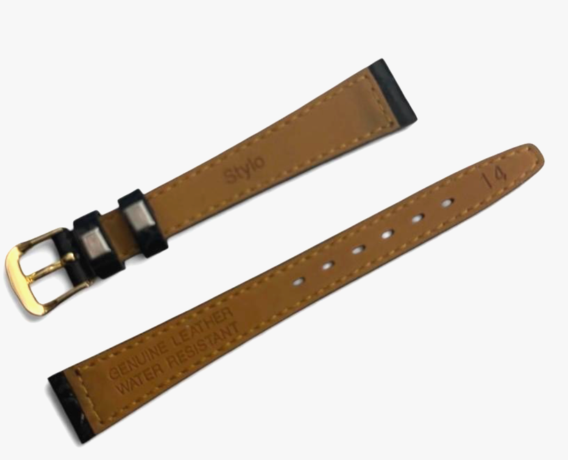 Black 14MM FLAT LEATHER STRAP BAND FOR WATCH Gold Buckle