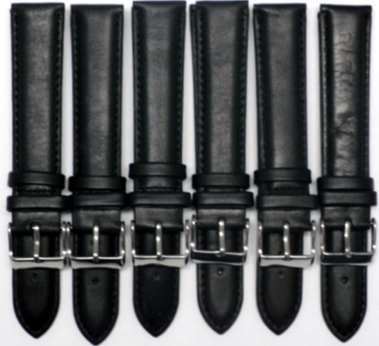 24 MM Long Plain Black Genuine Leather Padded Watch Band Lot of 6