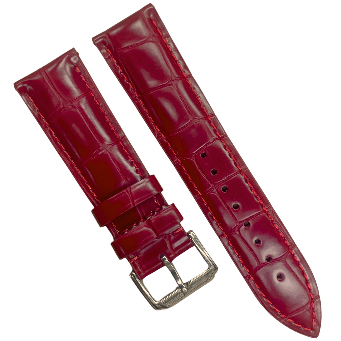 Genuine Leather Watch Band | Red Alligator Grain with Steel Buckle - 24mm width