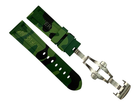 Rubber Watch Band 24/22mm Green Camouflage Color for PANERAI w/ Deployment Clasp