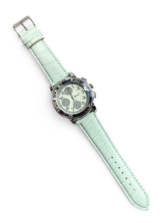 SHELLY round Dial Watch Silver Tone Sky Blue Genuine Leather Band Watch