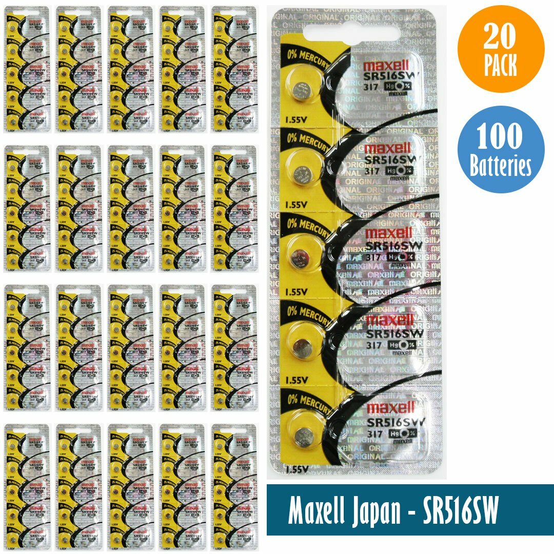 Maxell 317 Silver Oxide SR516SW Watch Batteries Pack of 100 Batteries