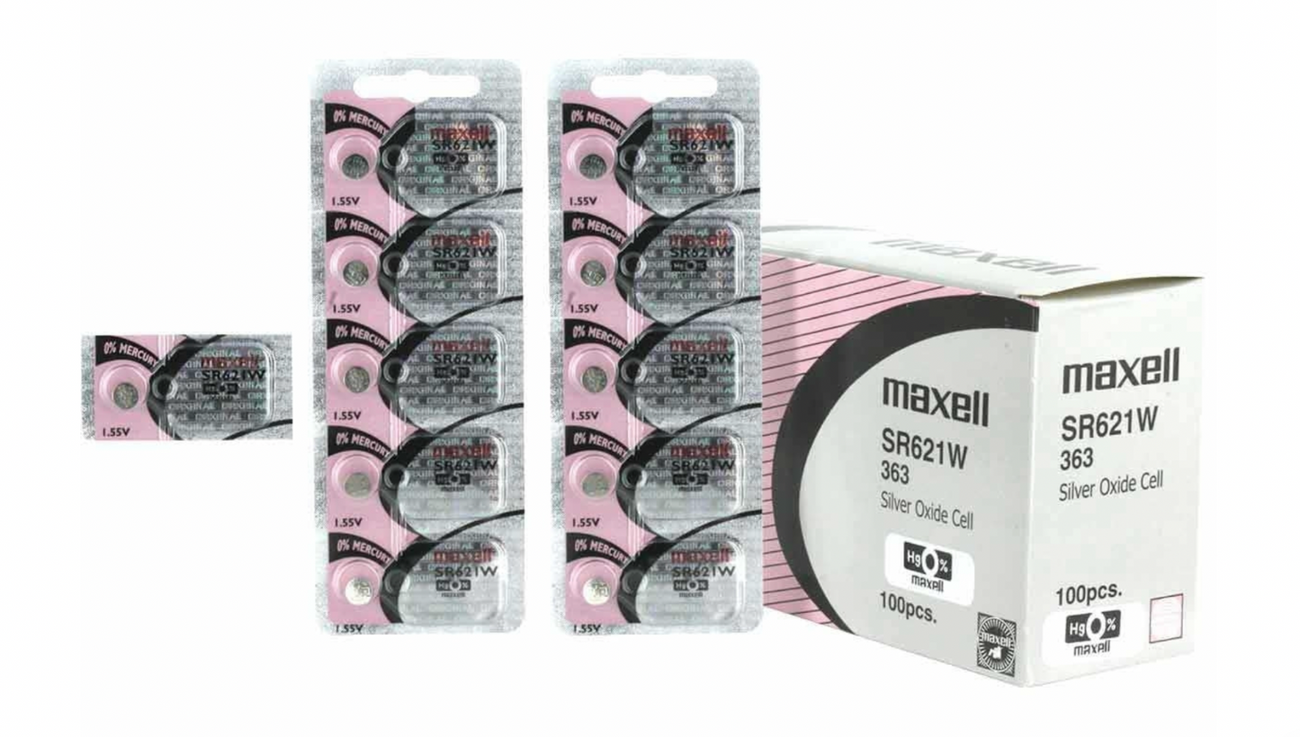 Maxell 363 (SR621W) 1.55V Silver Oxide Watch Batteries – Pack of 100 Batteries