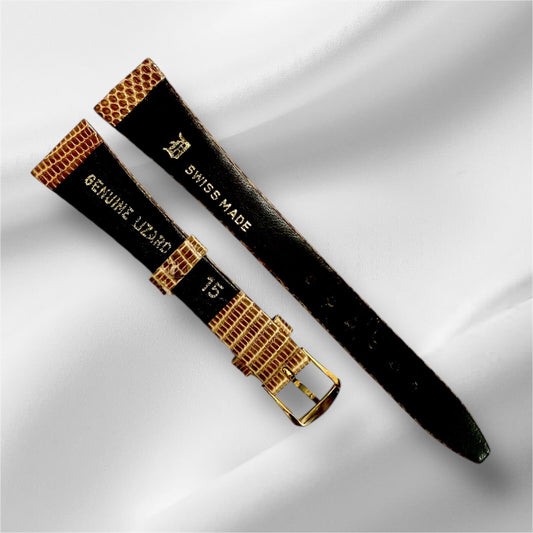 15x10mm Flat Watch Strap Genuine Lizard With Gold Buckle/Swiss Made