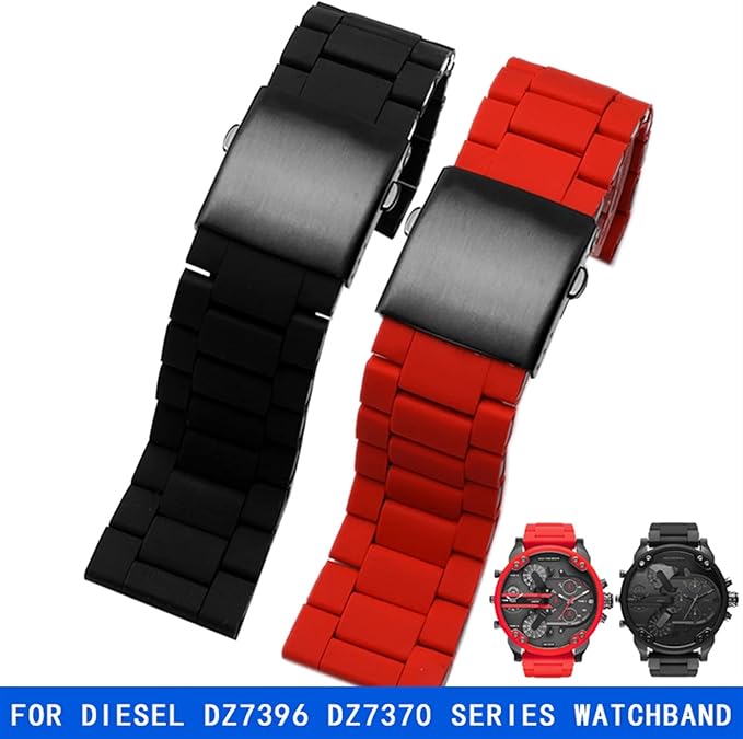 28mm Red Silicone Watch Strap with Stainless Steel Links – Compatible Replacement Band for Diesel DZ7396, DZ7370, DZ4289 - Universal Jewelers & Watch Tools Inc.