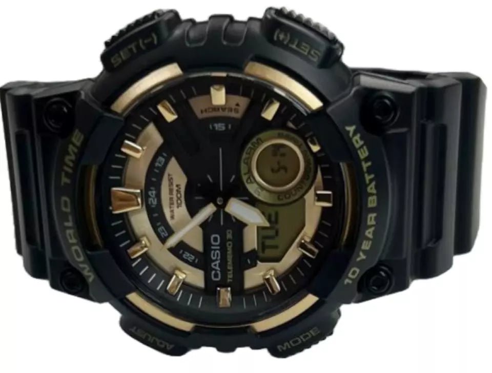Casio Men's AEQ - 110 Heavy Duty Quartz Black & Gold Resin Sports Men's Watch - Universal Jewelers & Watch Tools Inc.