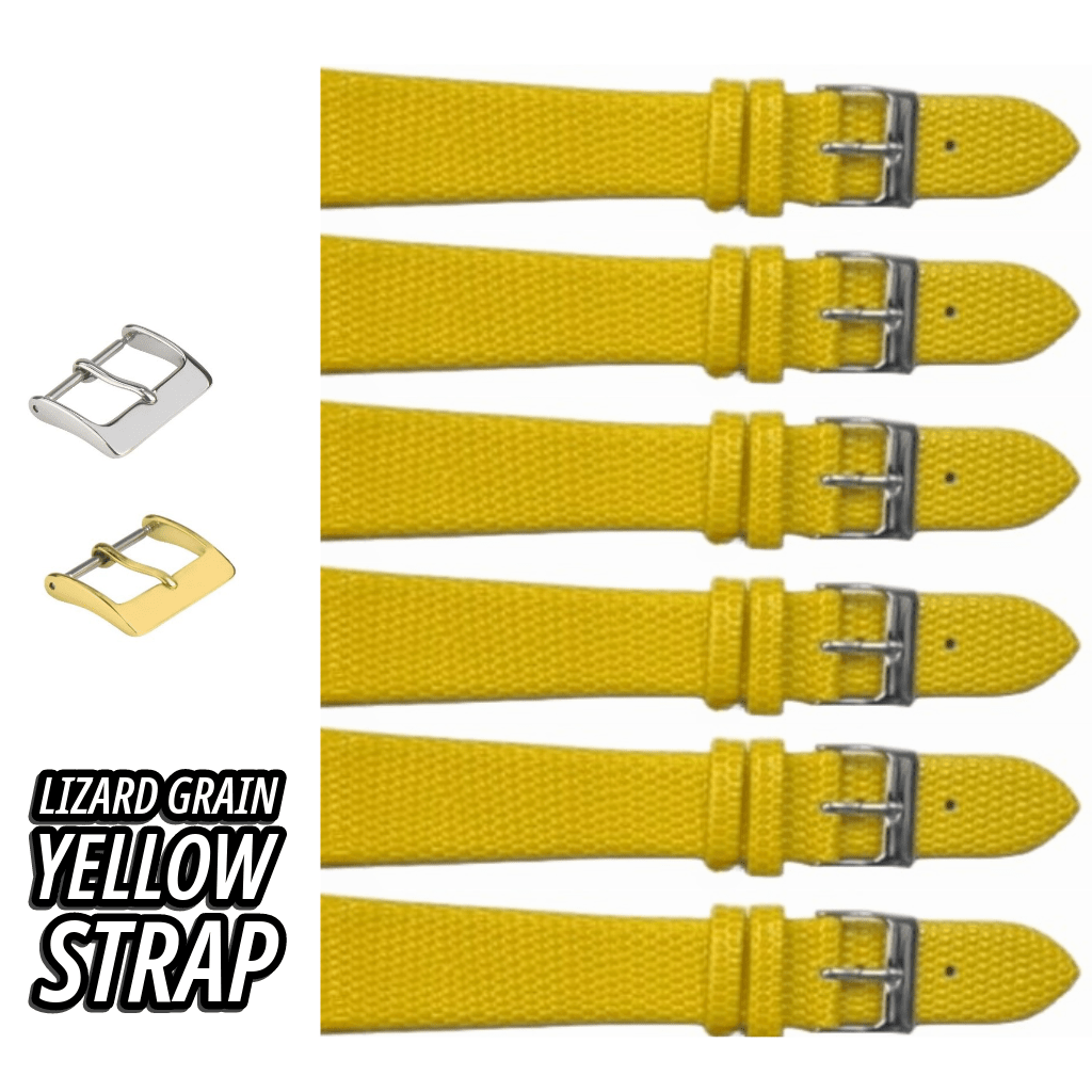 6PCS Lizard Grain Flat YELLOW Unstitched Genuine Leather Watch Band Size (12MM - 24MM) - Universal Jewelers & Watch Tools Inc.