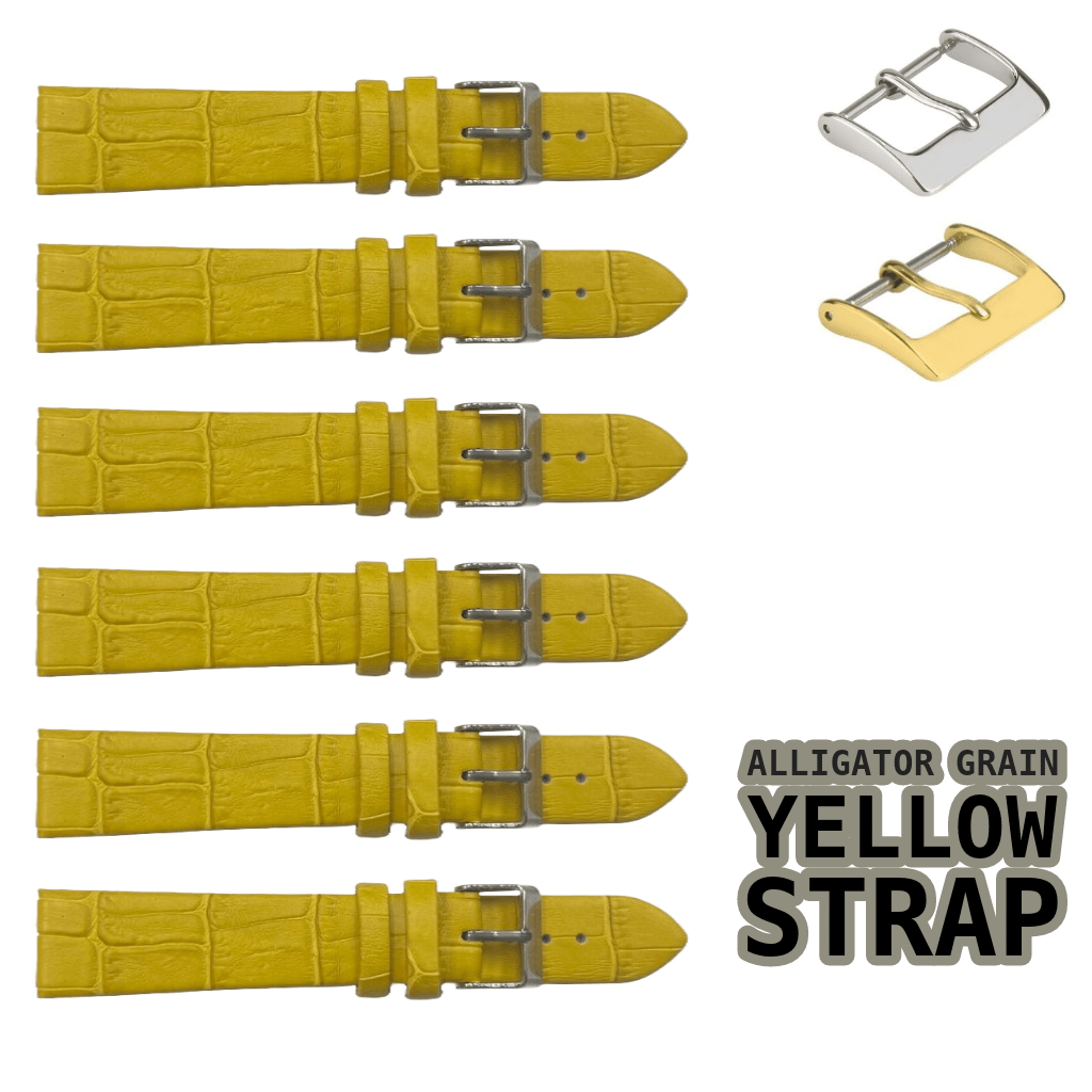 6PCS YELLOW Leather Flat Unstitched Alligator Grain Watch Band Sizes 12MM - 24MM - Universal Jewelers & Watch Tools Inc.