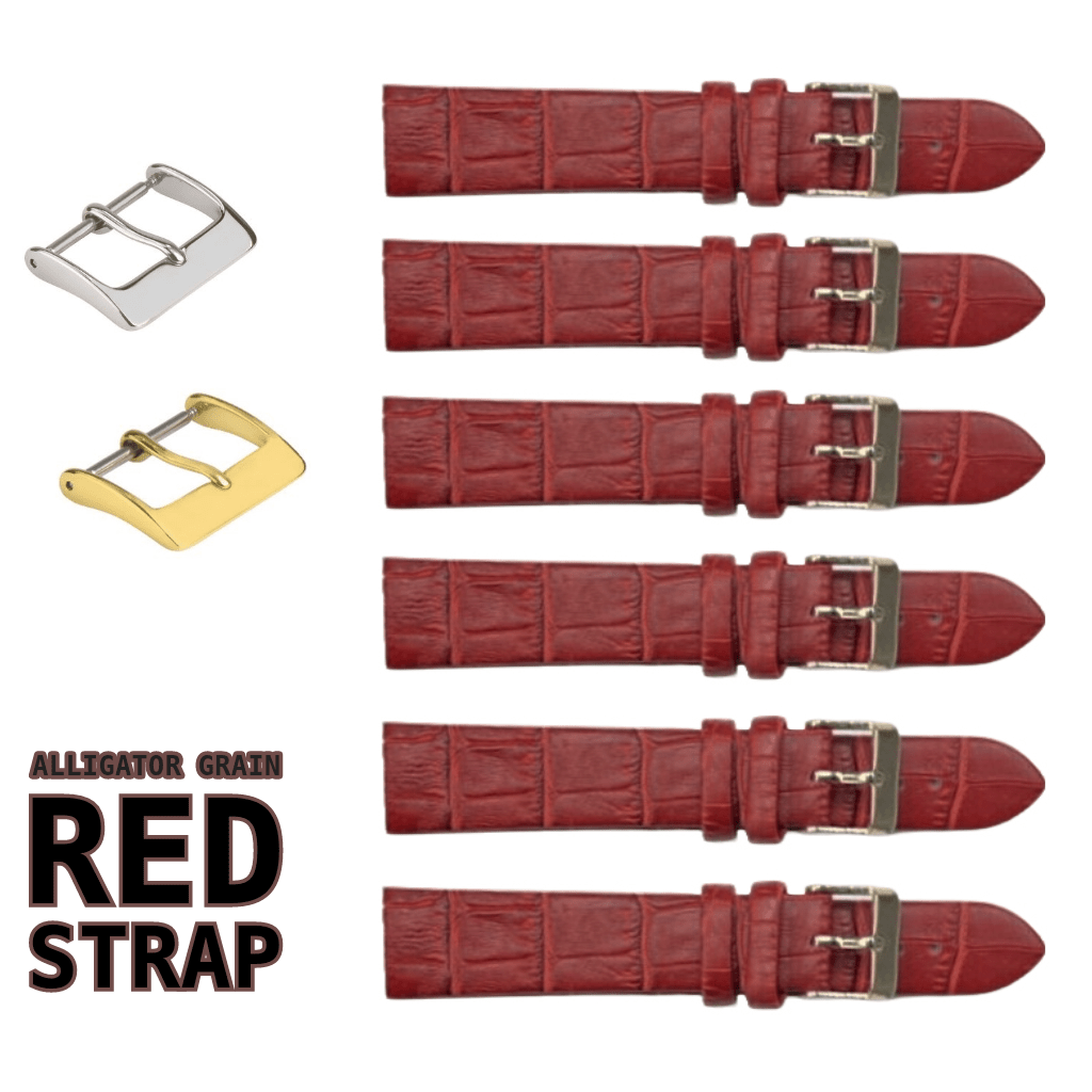 6PCS RED Leather Flat Unstitched Alligator Grain Watch Band Sizes 12MM - 24MM - Universal Jewelers & Watch Tools Inc.