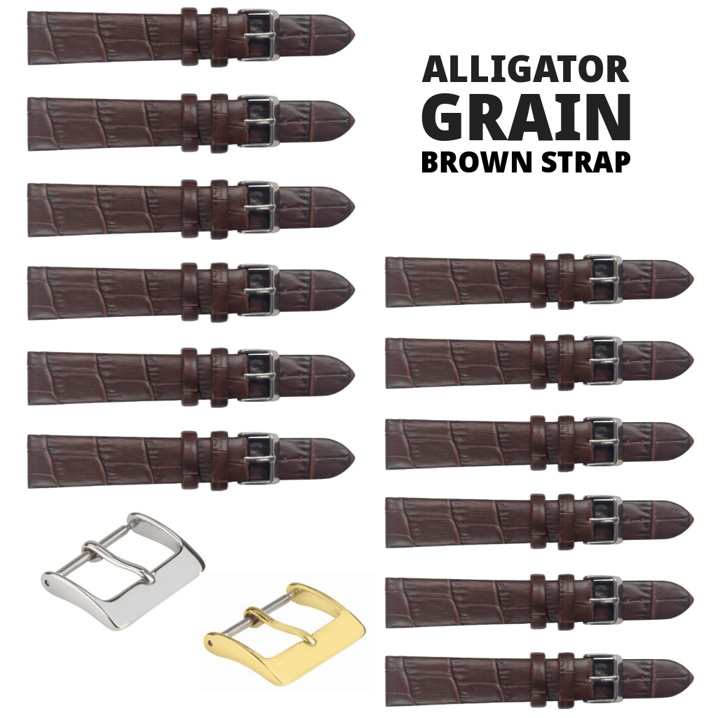 12PCS BROWN Leather Flat Unstitched Alligator Grain Watch Band Sizes 12MM - 24MM - Universal Jewelers & Watch Tools Inc.