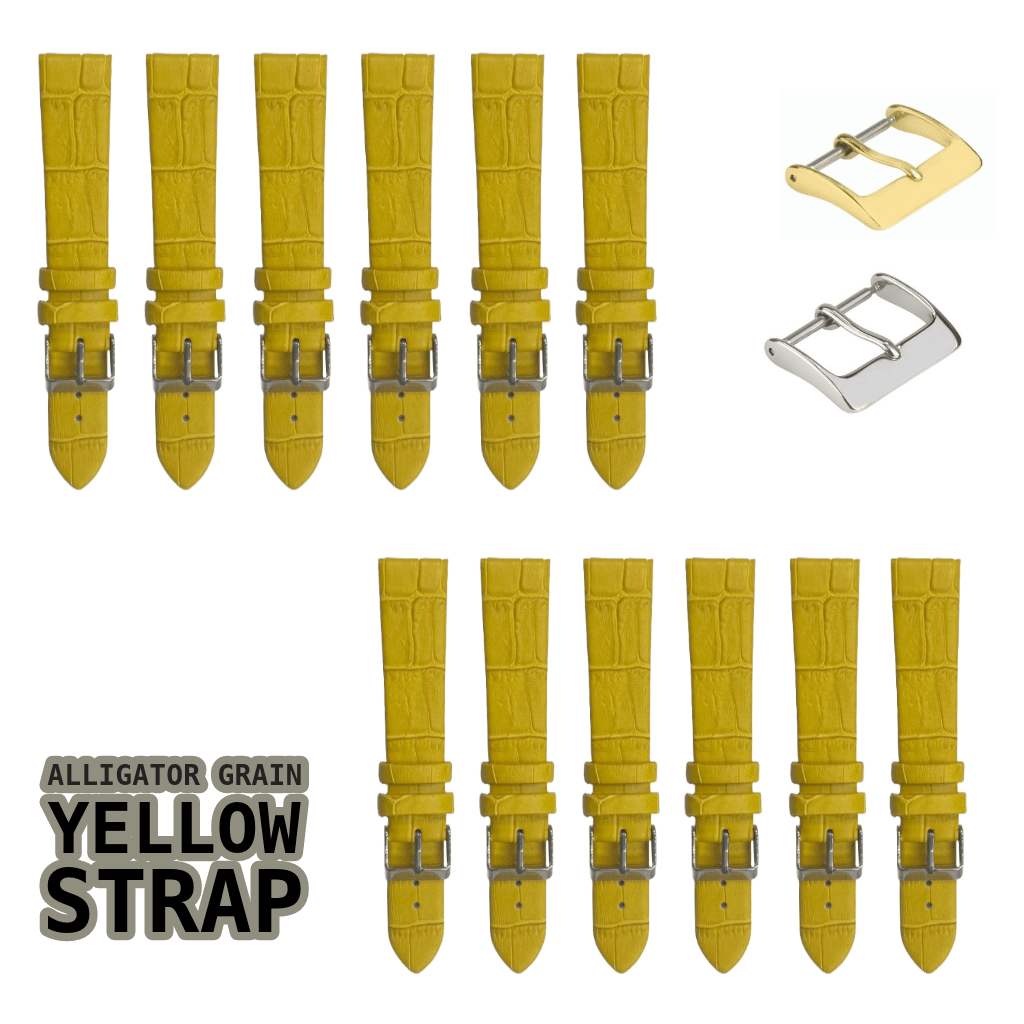 12PCS YELLOW Leather Flat Unstitched Alligator Grain Watch Band Sizes 12MM - 24MM - Universal Jewelers & Watch Tools Inc.