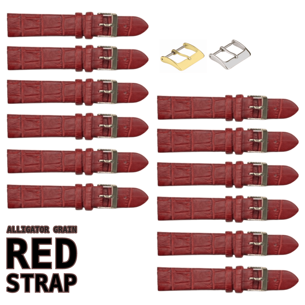 12PCS RED Leather Flat Unstitched Alligator Grain Watch Band Sizes 12MM - 24MM - Universal Jewelers & Watch Tools Inc.