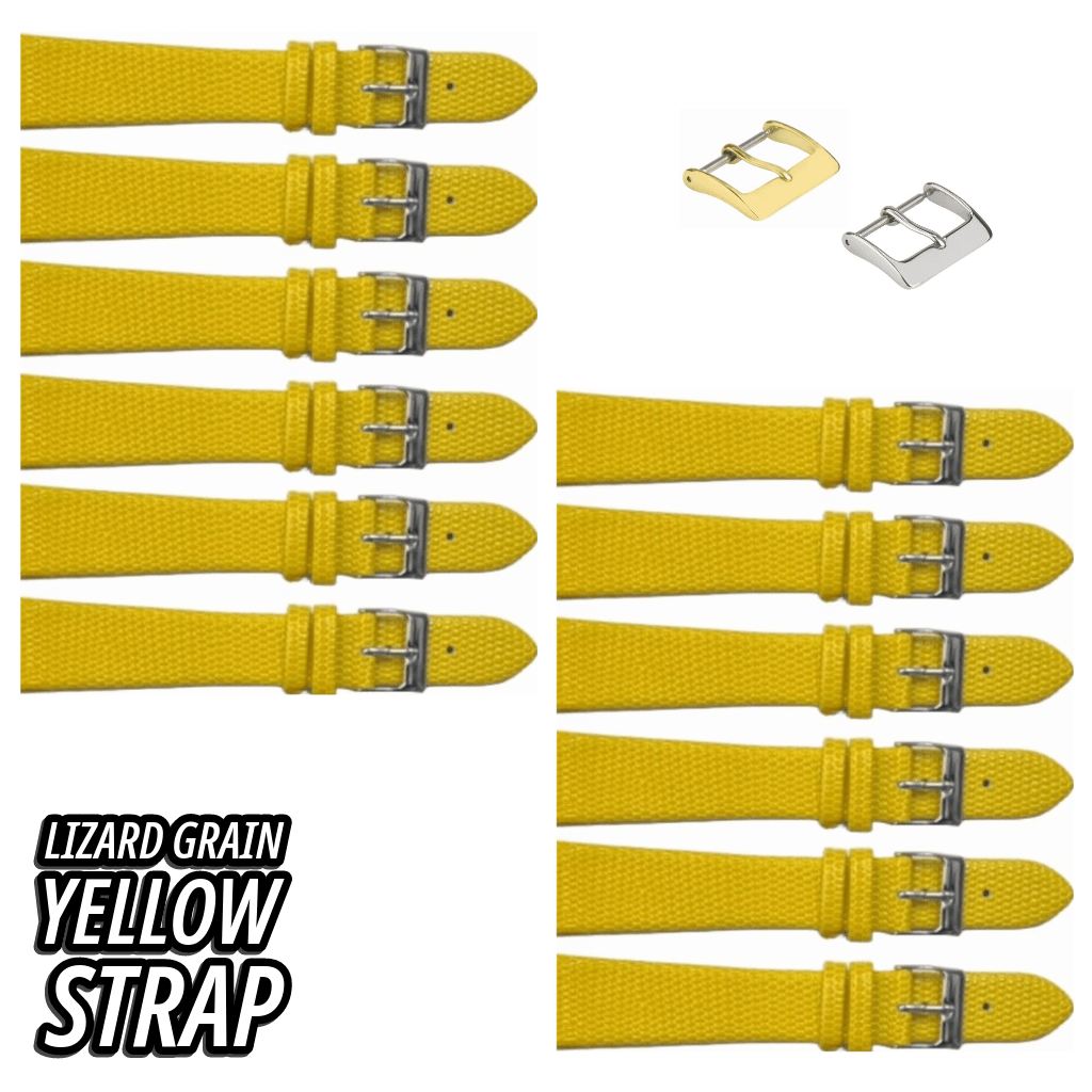 12PCS Lizard Grain Flat YELLOW Unstitched Genuine Leather Watch Band Size (12MM - 24MM) - Universal Jewelers & Watch Tools Inc.