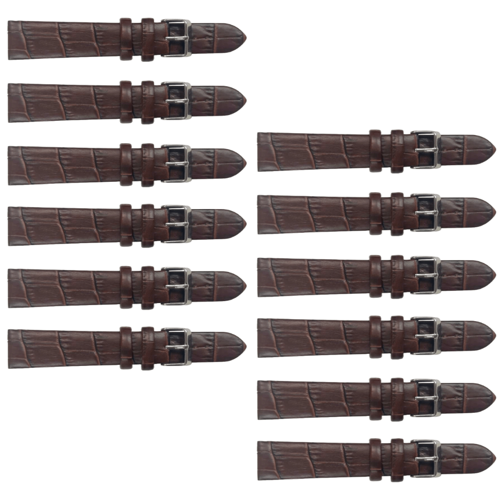 12PCS BROWN Leather Flat Unstitched Alligator Grain Watch Band Sizes 12MM - 24MM - Universal Jewelers & Watch Tools Inc.
