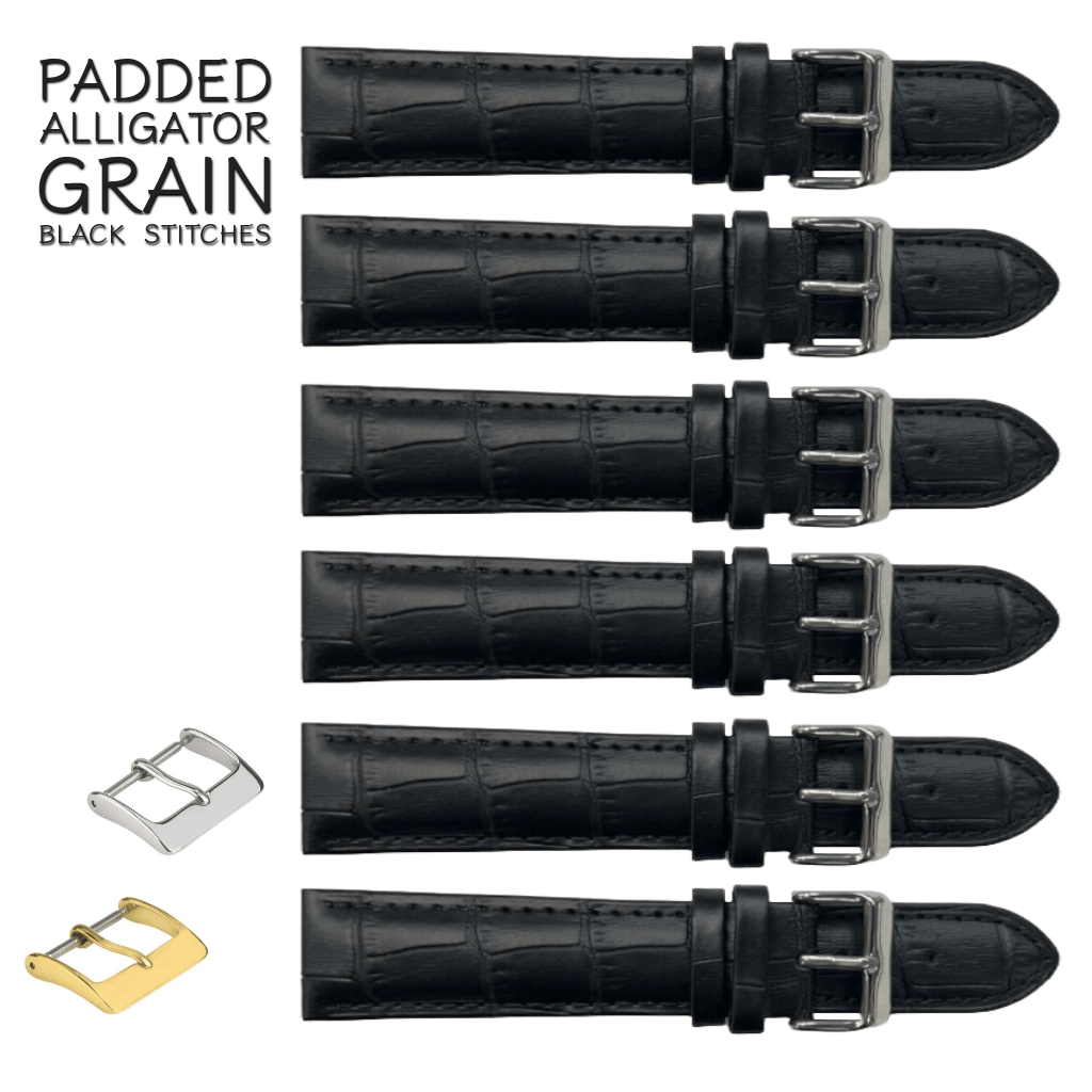 6PCS Alligator Grain Black Leather Watch Band (12MM - 30MM + XXL Sizes) Padded w/Black Stitches - Universal Jewelers & Watch Tools Inc.