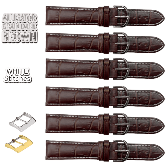 6PCS Alligator Grain Dark Brown Leather Watch Band (12MM - 30MM + XXL Sizes) Padded w/WHITE Stitches - Universal Jewelers & Watch Tools Inc.