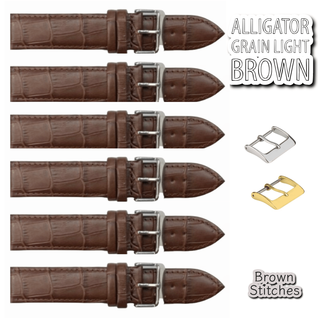 6PCS Alligator Grain LIGHT BROWN Leather Watch Band (12MM - 30MM + XXL Sizes) Padded w/Brown Stitches - Universal Jewelers & Watch Tools Inc.