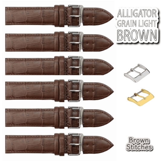 6PCS Alligator Grain LIGHT BROWN Leather Watch Band (12MM - 30MM + XXL Sizes) Padded w/Brown Stitches - Universal Jewelers & Watch Tools Inc.