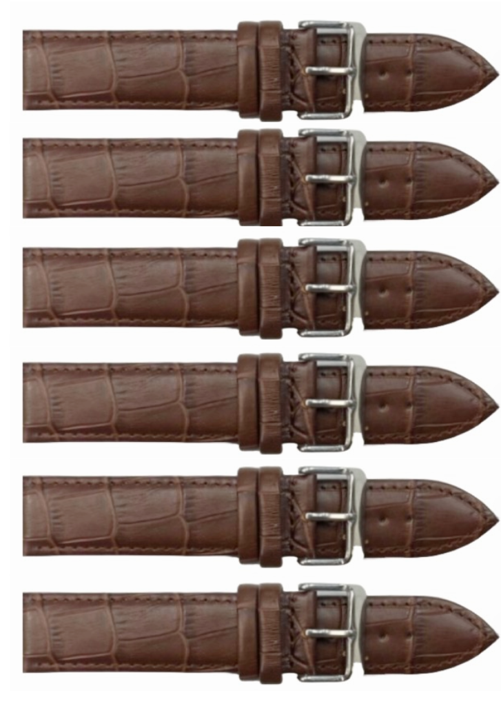 6PCS Alligator Grain LIGHT BROWN Leather Watch Band (12MM-30MM + XXL Sizes) Padded w/Brown Stitches