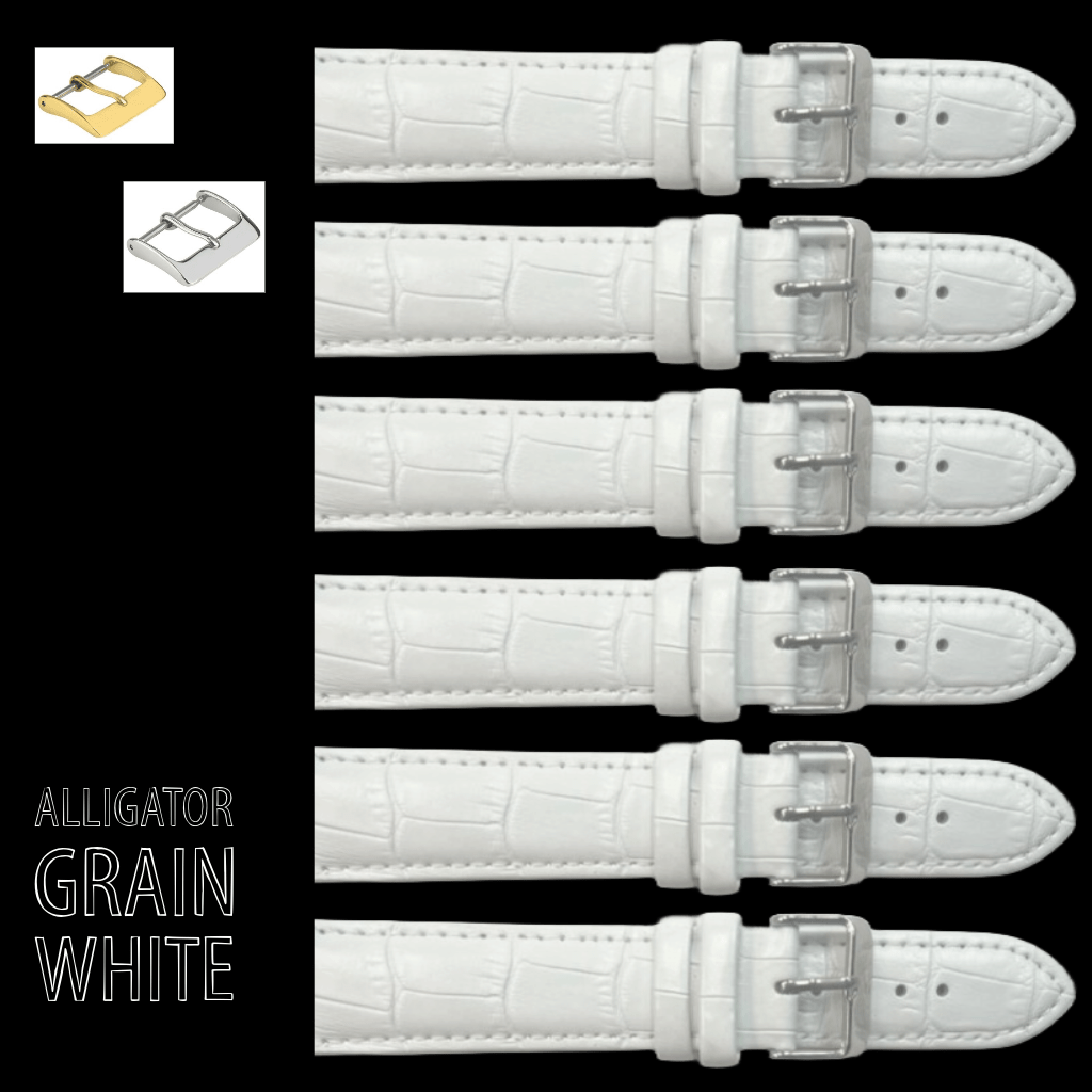 6PCS Alligator Grain WHITE Leather Watch Band (12MM - 30MM + XXL Sizes) Padded & Stitched - Universal Jewelers & Watch Tools Inc.