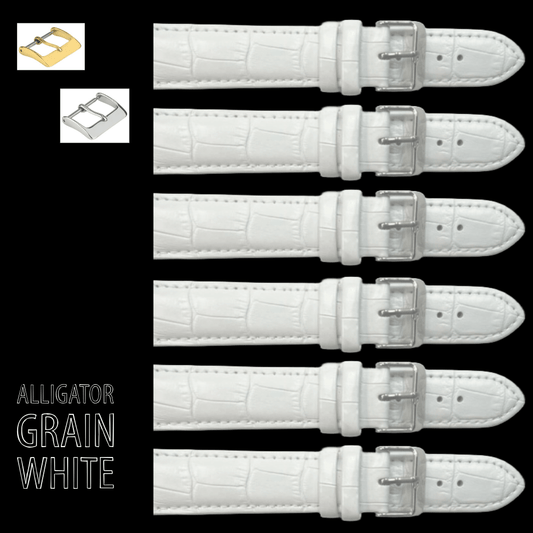 6PCS Alligator Grain WHITE Leather Watch Band (12MM - 30MM + XXL Sizes) Padded & Stitched - Universal Jewelers & Watch Tools Inc.