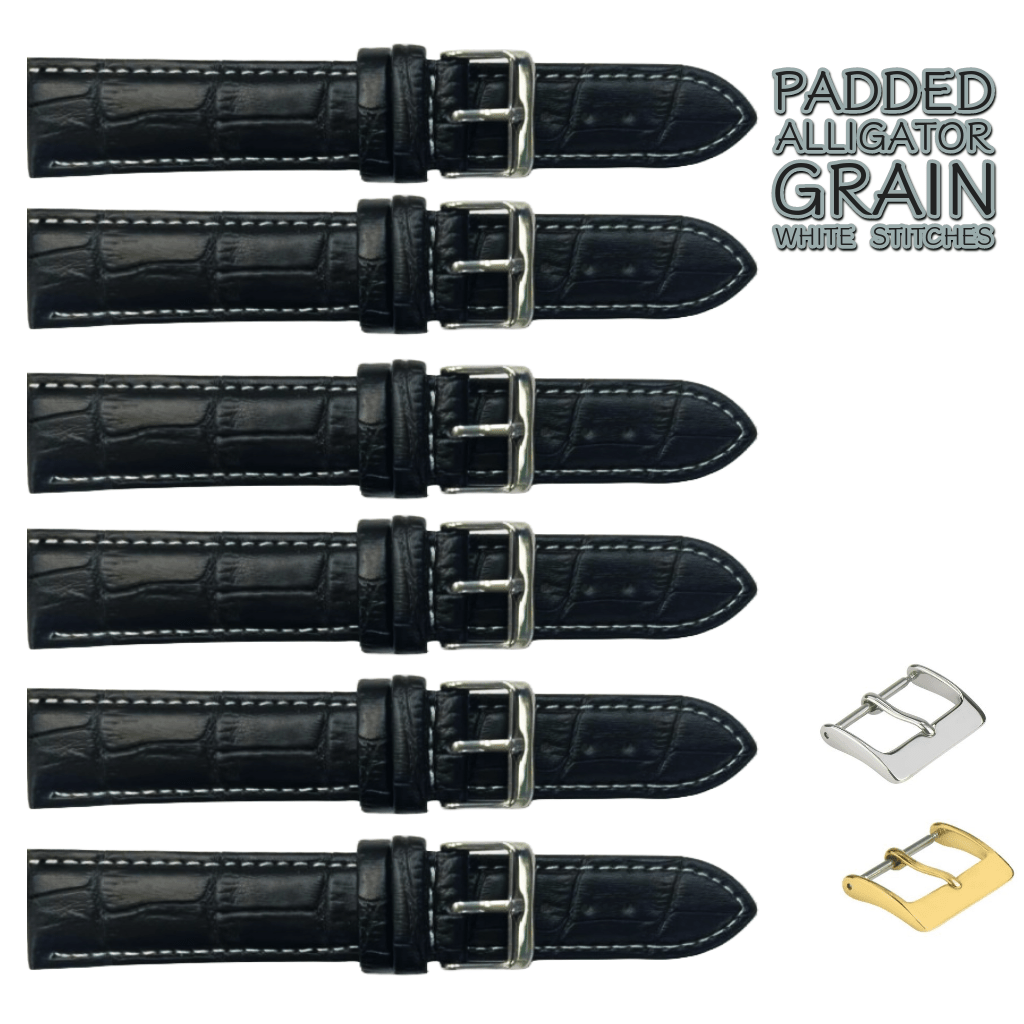 6PCS Alligator Grain Black Leather Watch Band (12MM - 30MM + XXL Sizes) Padded w/White Stitches - Universal Jewelers & Watch Tools Inc.