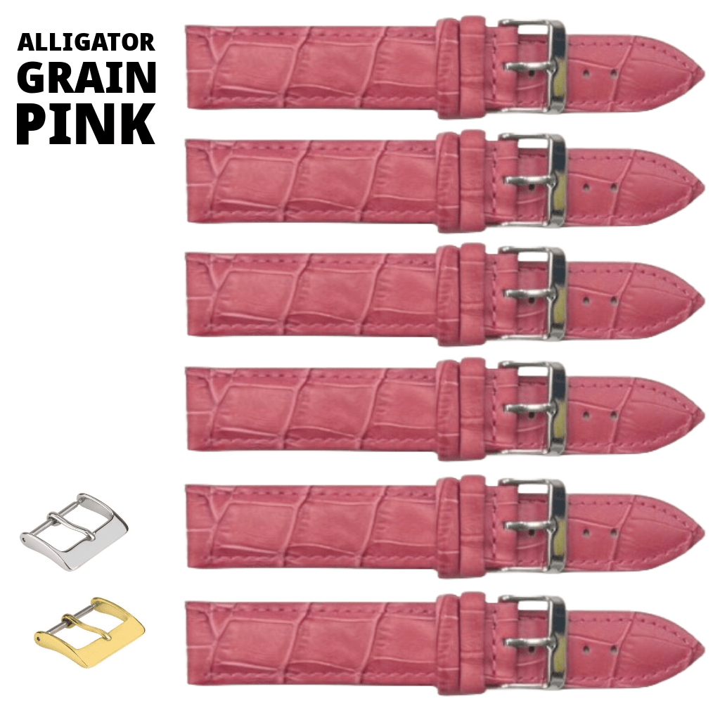 6PCS Alligator Grain PINK Leather Watch Band (12MM - 22MM) Padded & Stitched - Universal Jewelers & Watch Tools Inc.