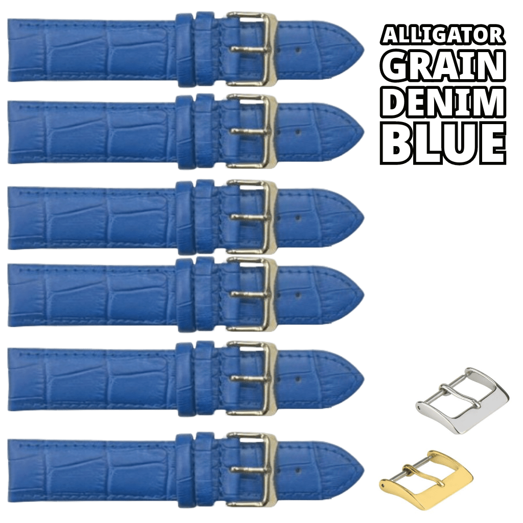 6PCS Alligator Grain DEMIN Blue Leather Watch Band (18MM & 20MM) Padded & Stitched - Universal Jewelers & Watch Tools Inc.