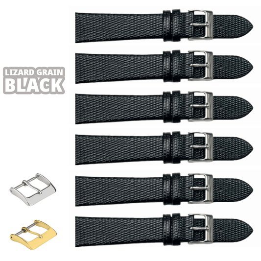 6PCS Lizard Grain Flat Black Unstitched Genuine Leather Watch Band Size (12MM - 24MM) - Universal Jewelers & Watch Tools Inc.