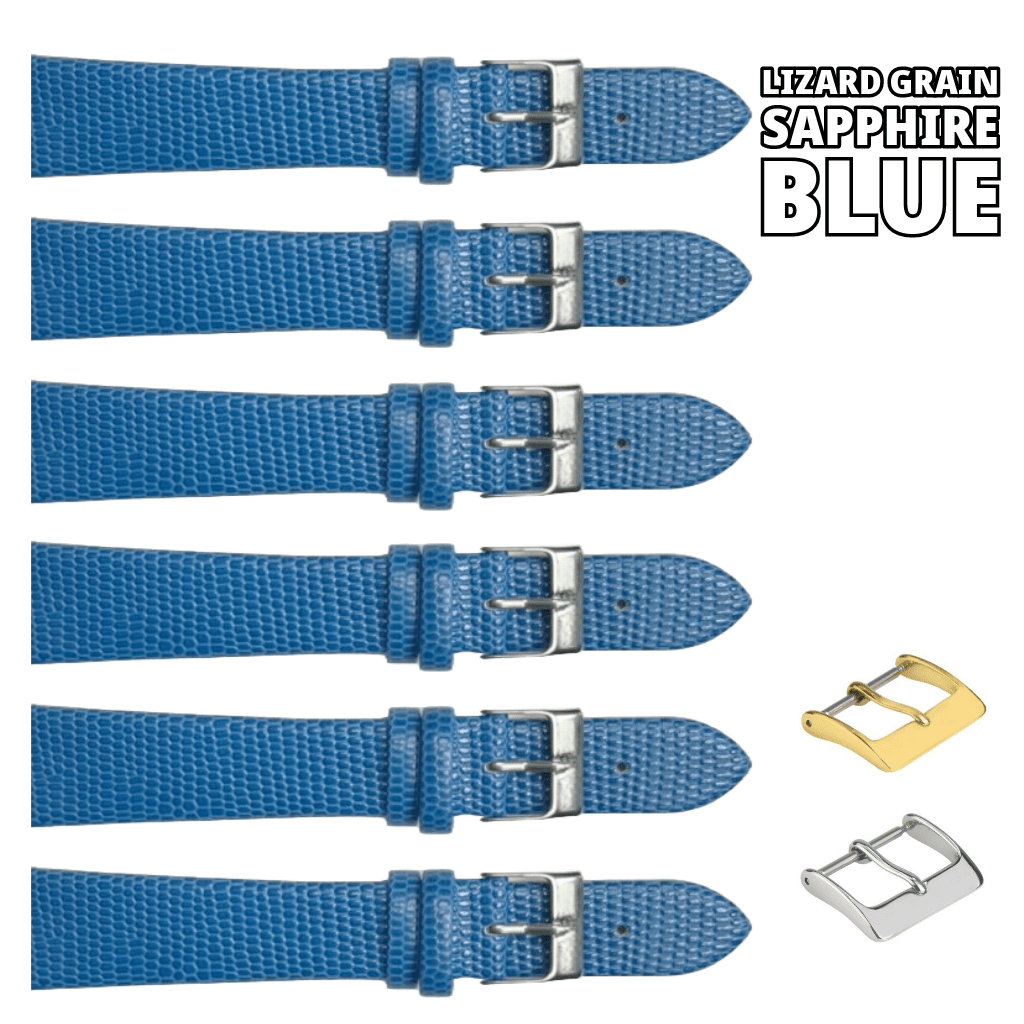 6PCS Lizard Grain Flat SAPPHIRE Blue Unstitched Genuine Leather Watch Band Size (12MM - 24MM) - Universal Jewelers & Watch Tools Inc.