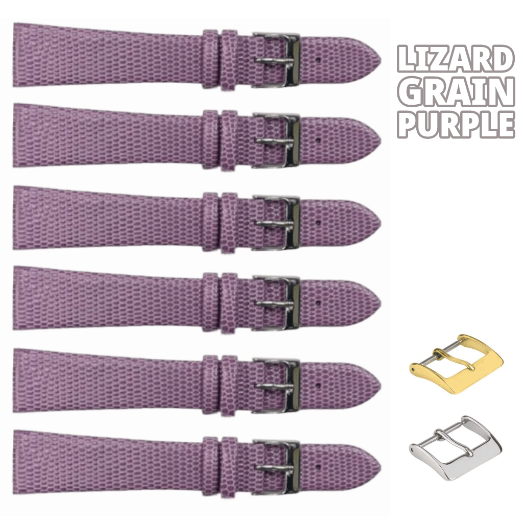 6PCS Lizard Grain Flat PURPLE Unstitched Genuine Leather Watch Band Size (12MM - 24MM) - Universal Jewelers & Watch Tools Inc.