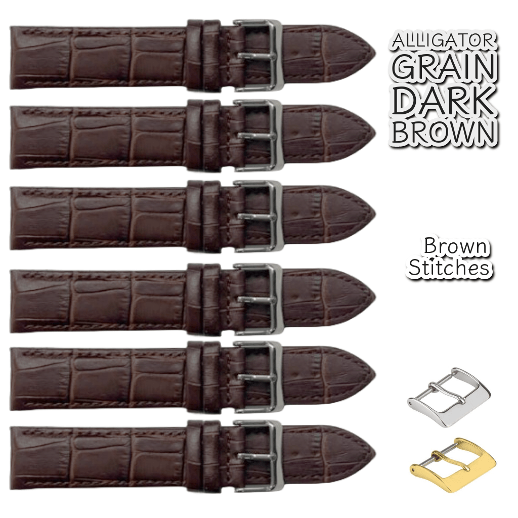 6PCS Alligator Grain Dark Brown Leather Watch Band (12MM - 30MM + XXL Sizes) Padded w/Brown Stitches - Universal Jewelers & Watch Tools Inc.