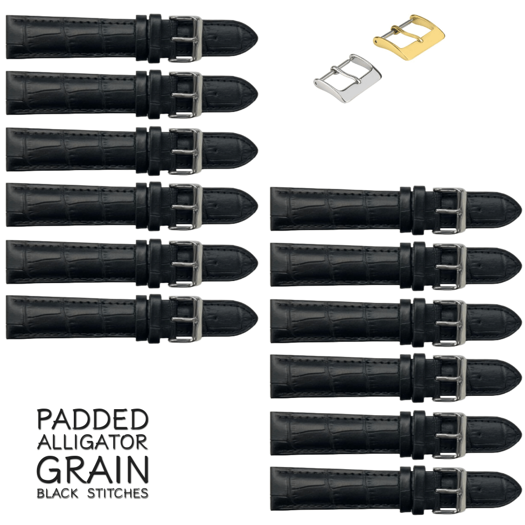 12PCS Alligator Grain Black Leather Watch Band (12MM - 30MM + XXL Sizes) Padded w/Black Stitches - Universal Jewelers & Watch Tools Inc.