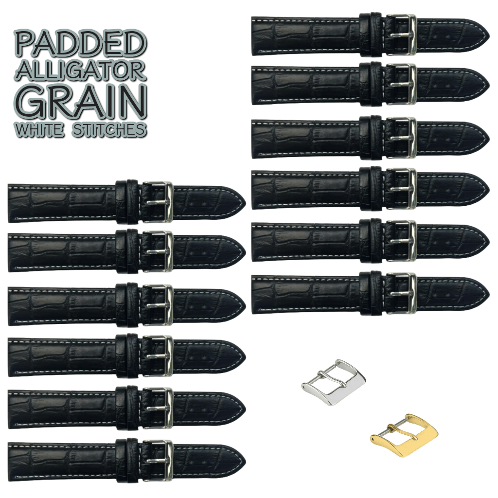 12PCS Alligator Grain Black Leather Watch Band (12MM - 30MM + XXL Sizes) Padded w/White Stitches - Universal Jewelers & Watch Tools Inc.