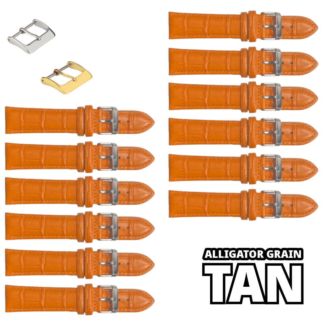12PCS Alligator Grain TAN Leather Watch Band (12MM - 24MM) Padded & Stitched - Universal Jewelers & Watch Tools Inc.