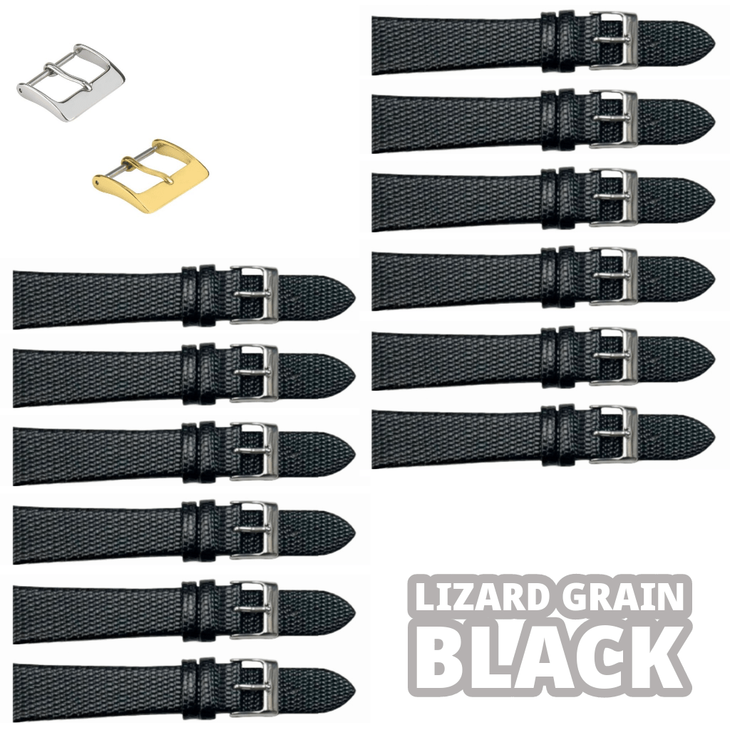 12PCS Lizard Grain Flat Black Unstitched Genuine Leather Watch Band Size (12MM - 24MM) - Universal Jewelers & Watch Tools Inc.