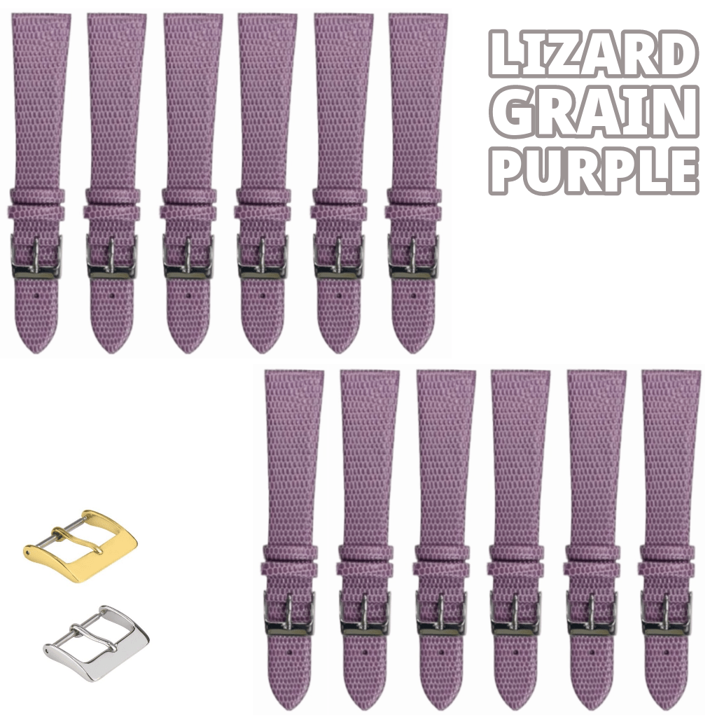 12PCS Lizard Grain Flat PURPLE Unstitched Genuine Leather Watch Band Size (12MM - 24MM) - Universal Jewelers & Watch Tools Inc.